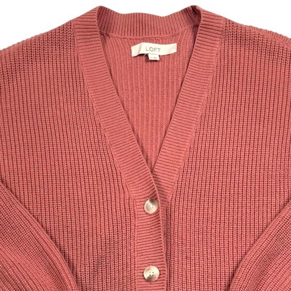 Loft Cardigan Sweater Womens Medium Pink Ribbed Knit Cottagecore Academia Granny